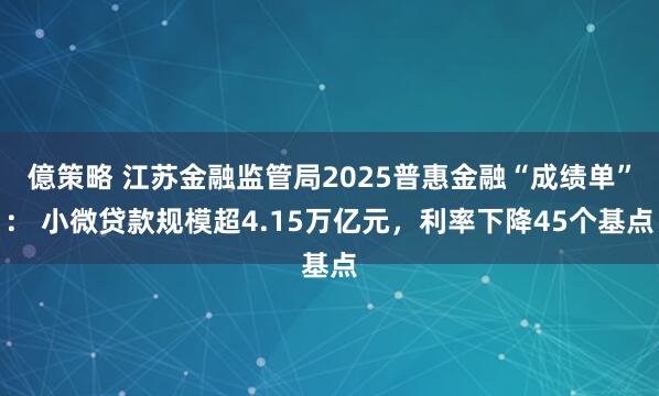 億策略 江苏金融监管局2025普惠金融“成绩单”： 小微贷款规模超4.15万亿元，利率下降45个基点
